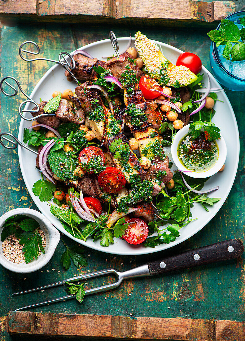 Grilled lamb halloumi skewers