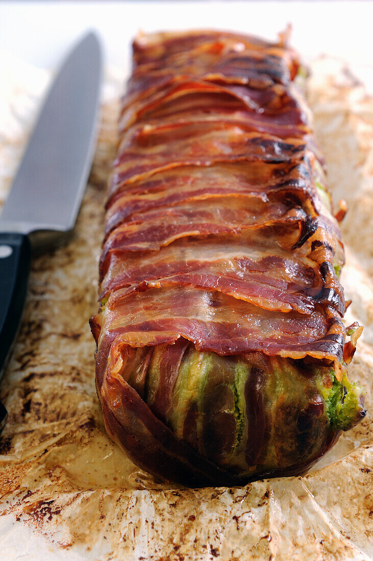 Pea mousse in a crispy bacon coat baked in the oven