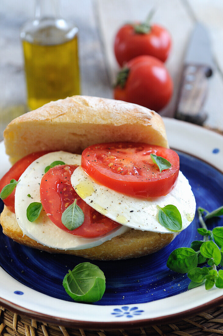 Tomaten-Mozzarella-Panino mit frischem Basilikum