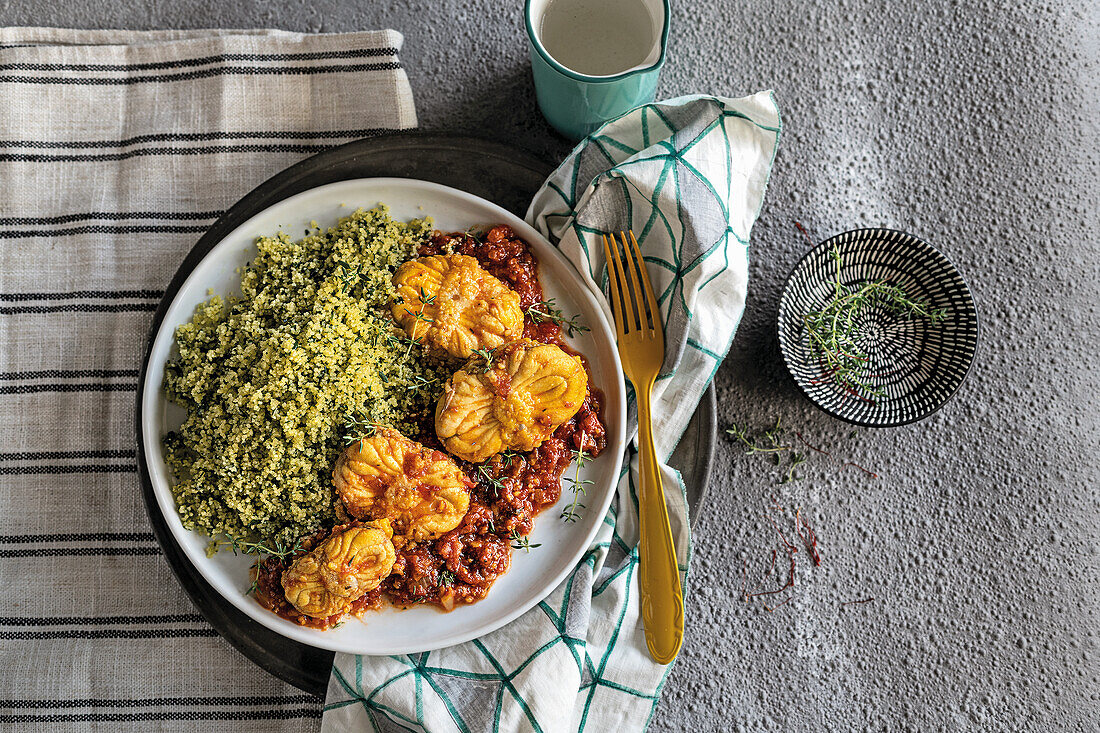 Marokkanischer Couscous mit Seeteufel und Tomate