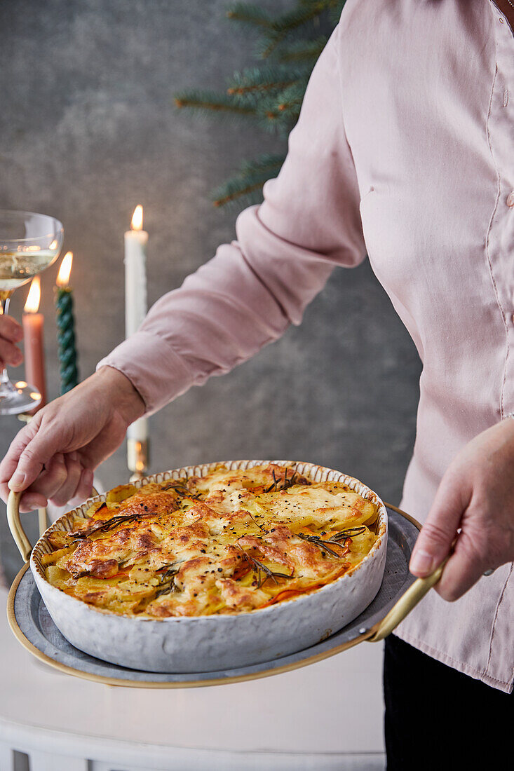 Pumpkin and potato casserole with sherry and burrata