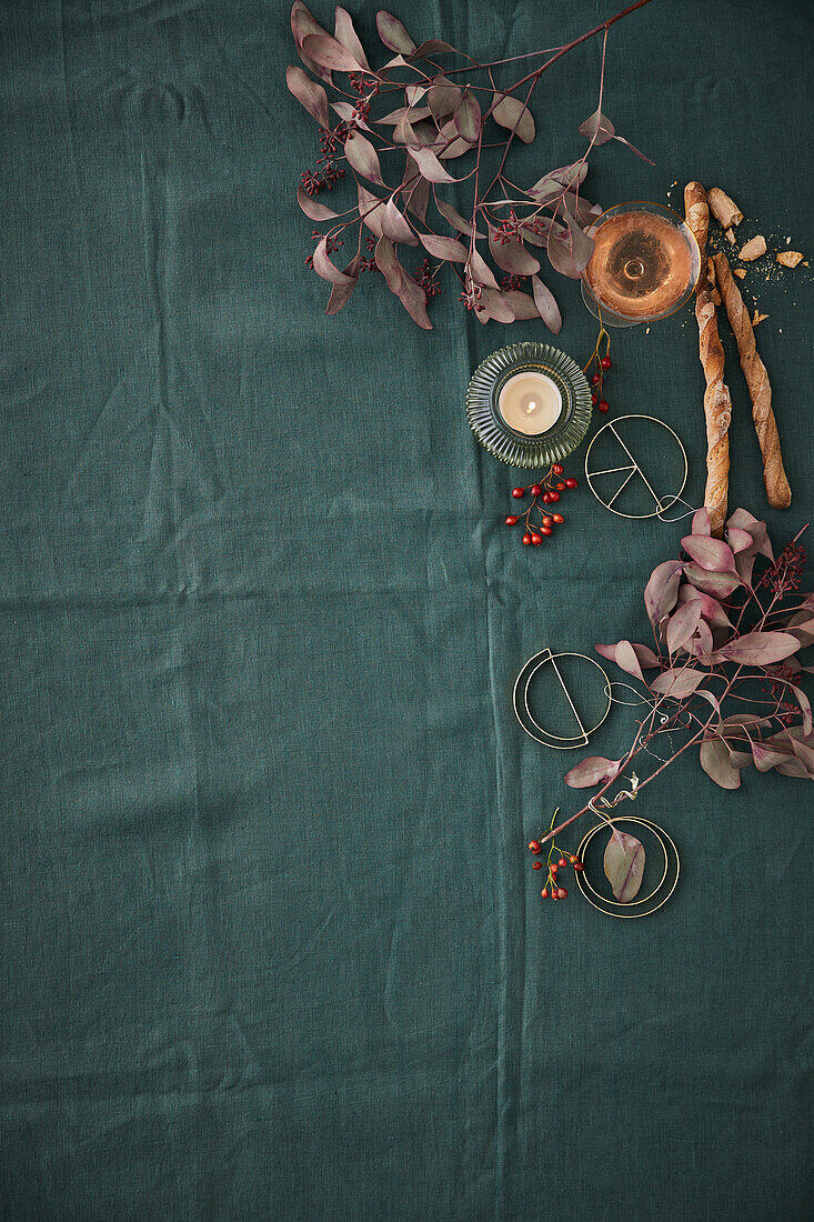Teal tablecloth with Christmas decorations