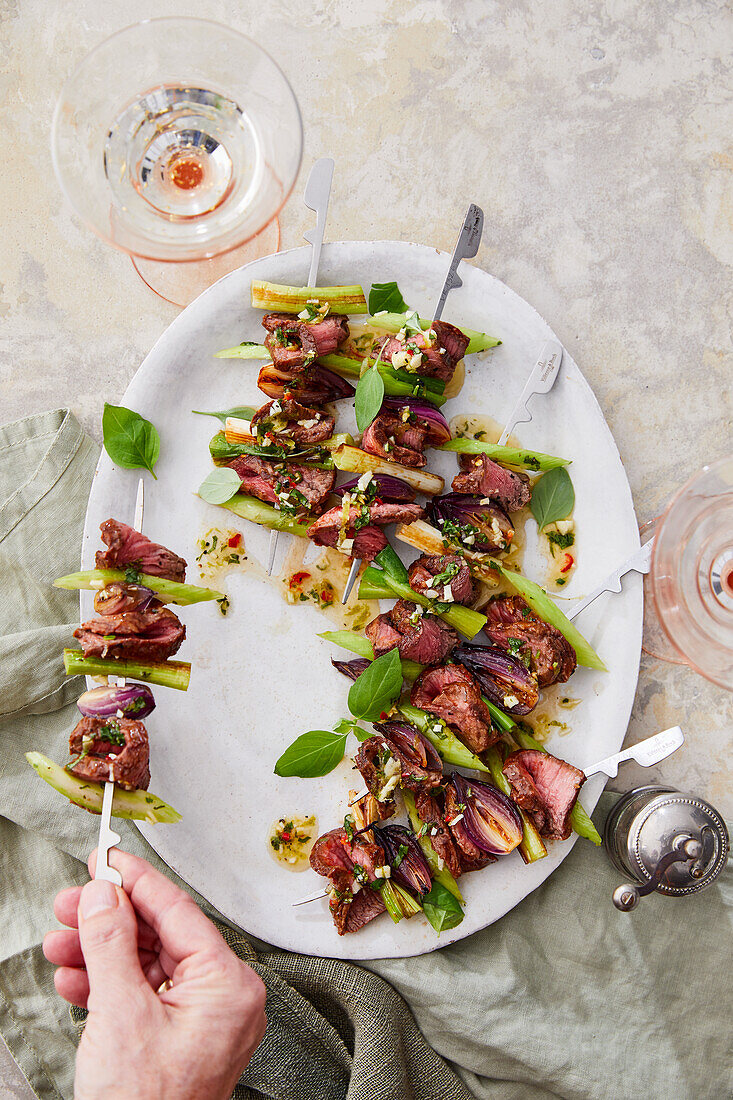 Marinated roast beef Thai salad on skewers