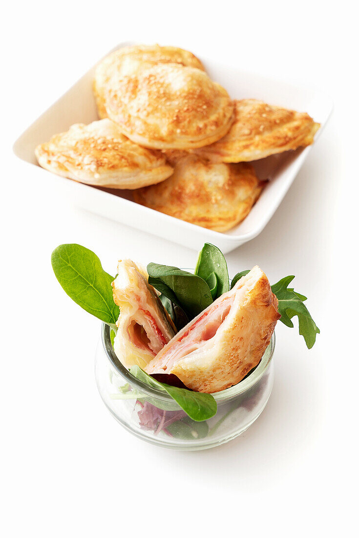 Rustico Leccese (stuffed puff pastry, Italy) with cooked ham