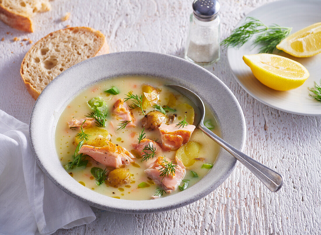 Creamy salmon soup with dill