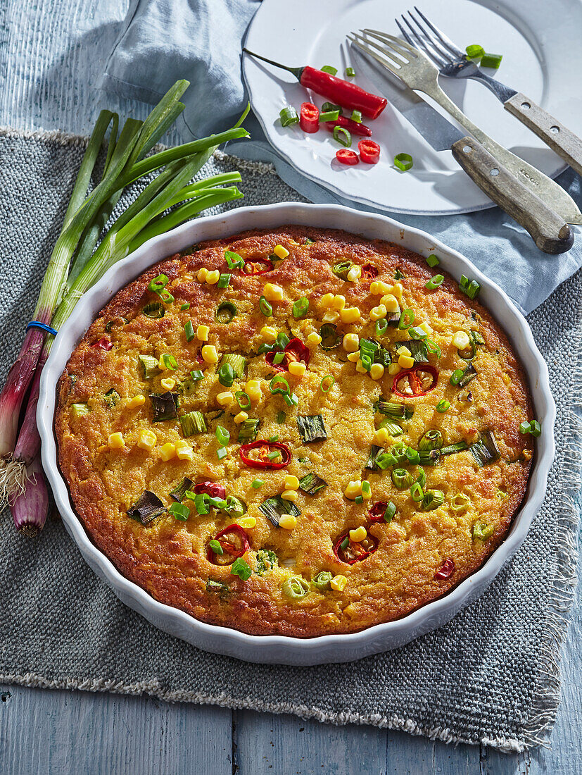 Cornbread with spring onions and chilies