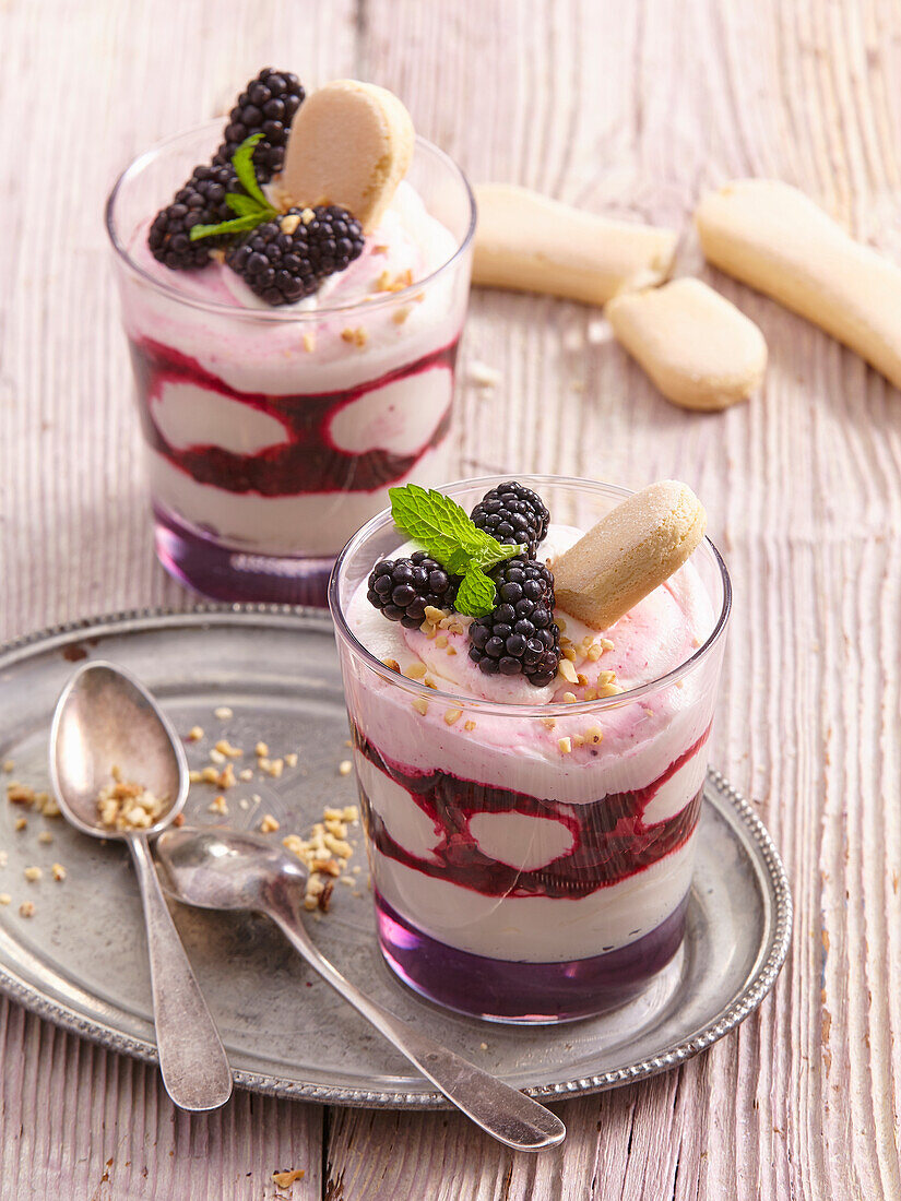 Blackberry tiramisu in a glasses