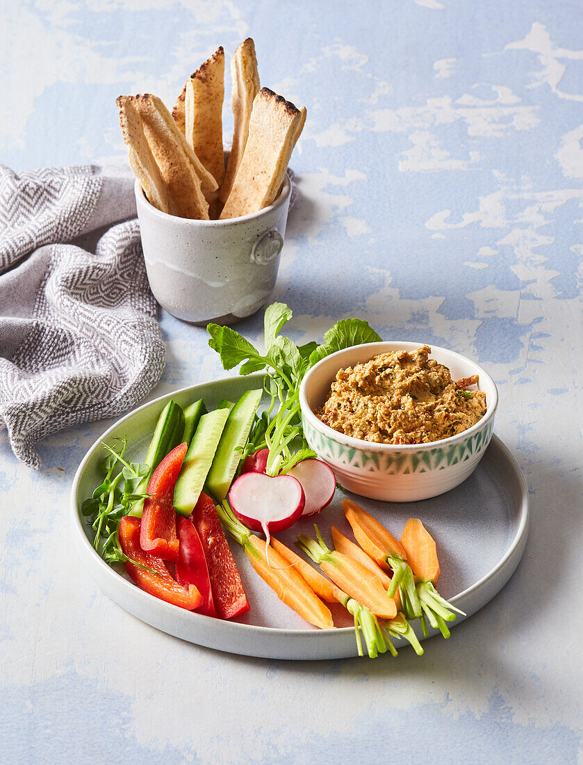 Vegetable plate with feta cheese dip
