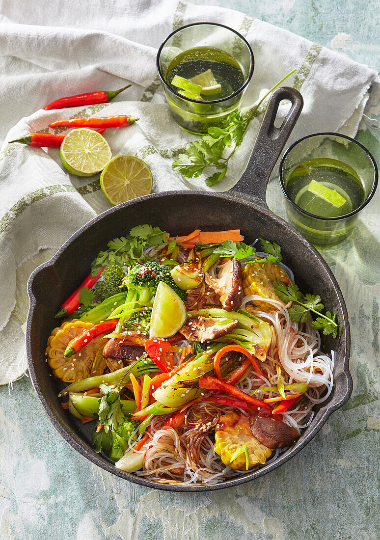Asian vegetable stir-fry with shiitake, sweetcorn and glass noodles