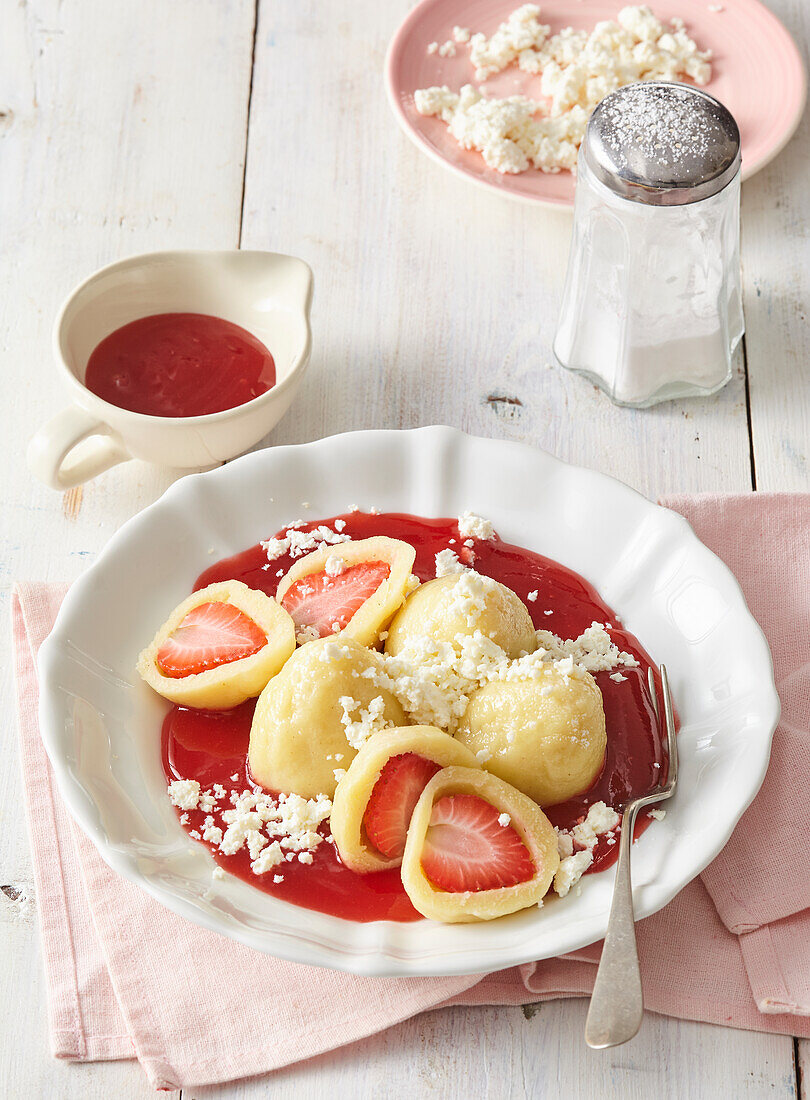 Sweet dumplings with strawberry filling