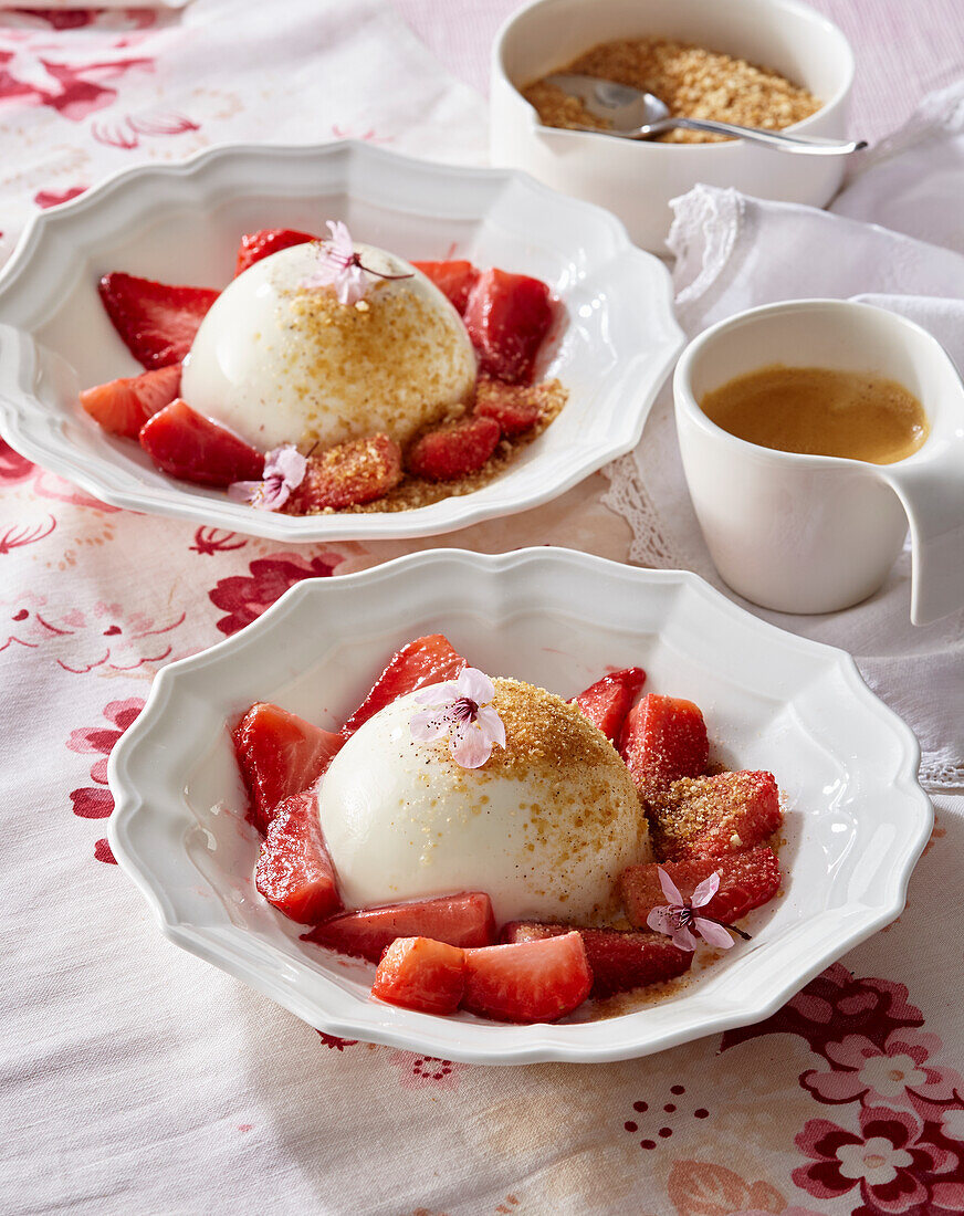 Tonka bean panna cotta with baked strawberries