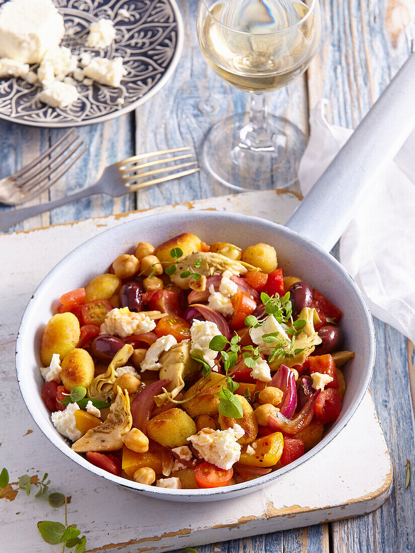 Greek gnocchi with artichokes and chickpeas