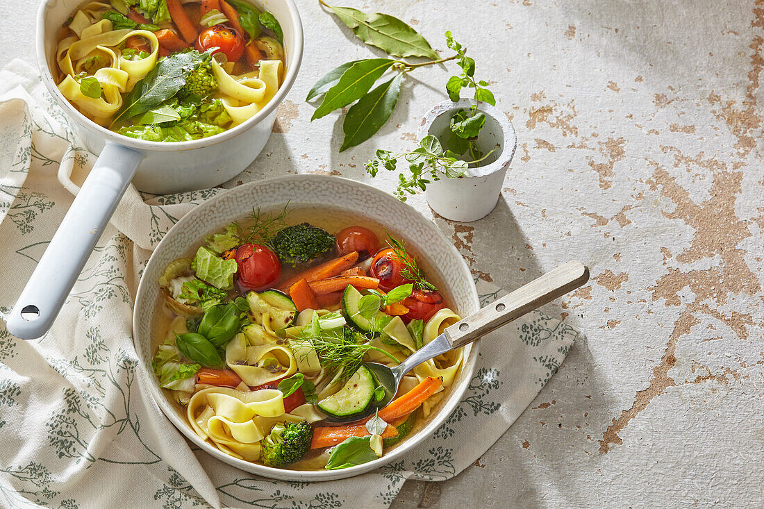 Spring soup with ribbon noodles and vegetables