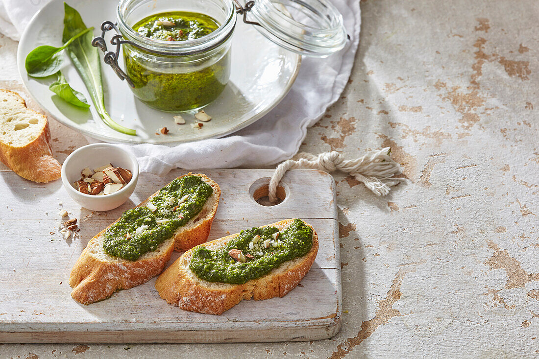 Spring green pesto on crostini