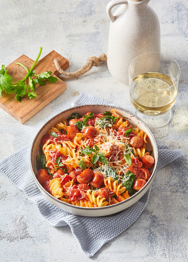 Fusilli mit Tomatensauce und Wurst