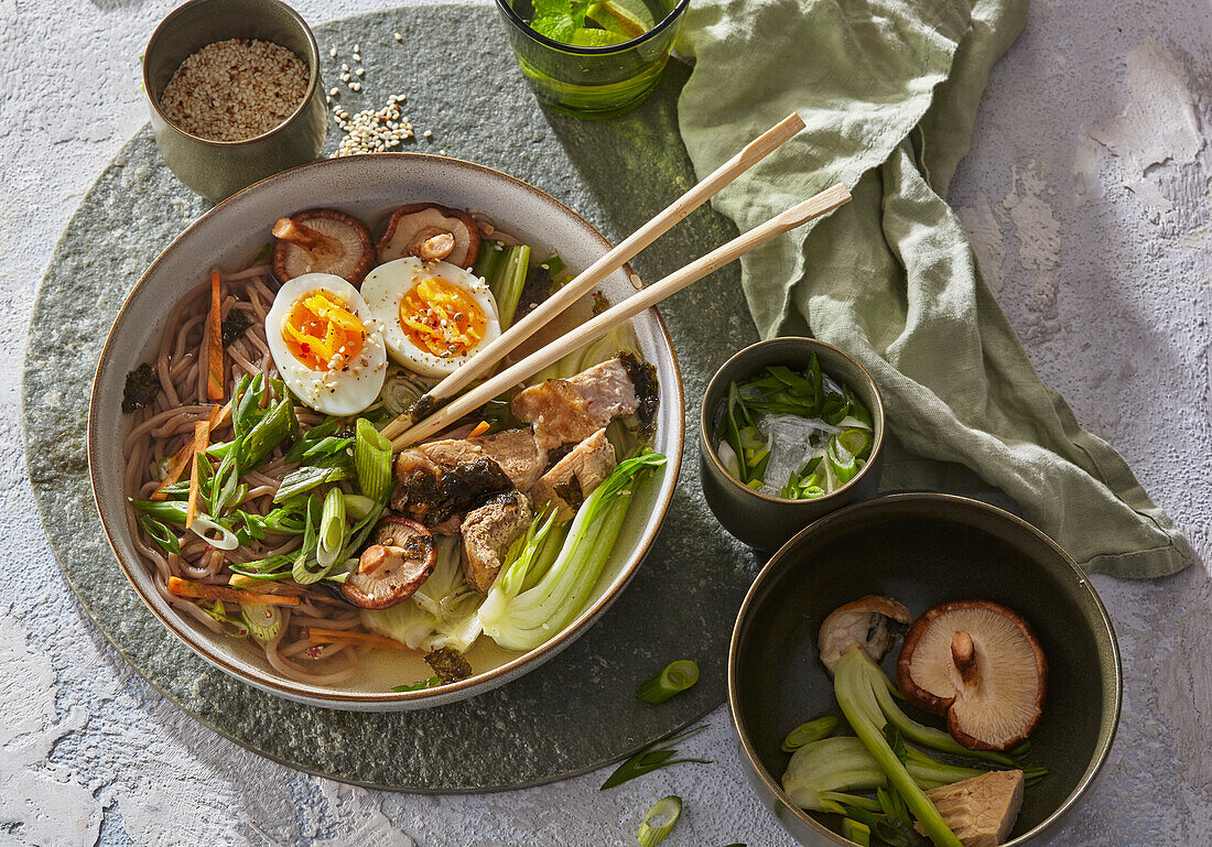 Pork ramen with egg and shiitake