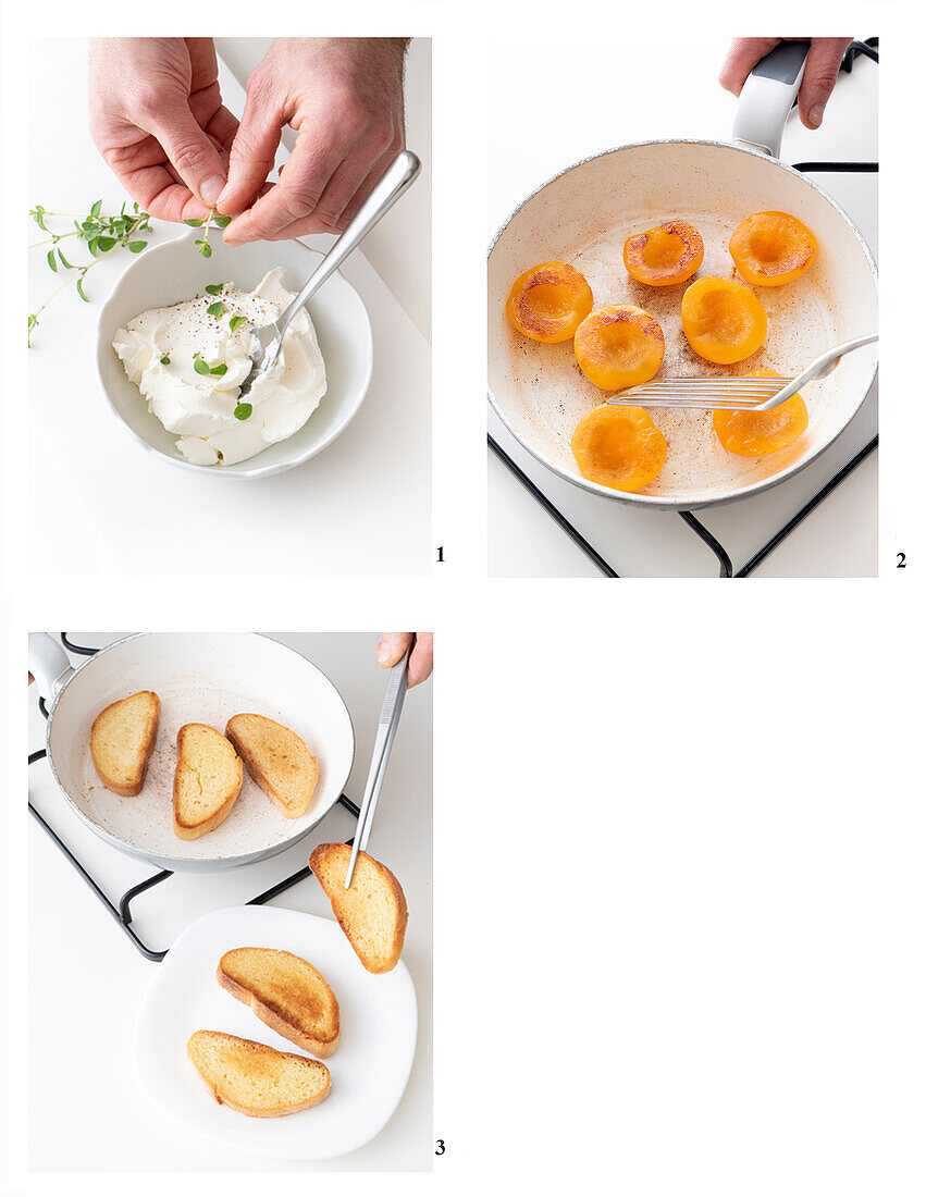Preparing bruschetta with cream cheese and apricots