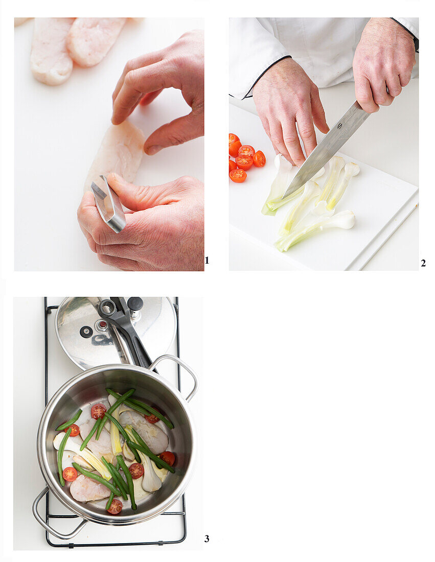 Preparing cod fillet on vegetables