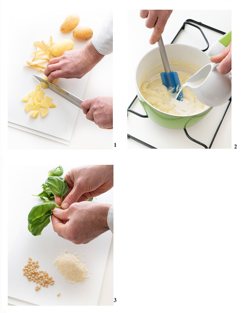 Preparing cream of potato soup with pesto