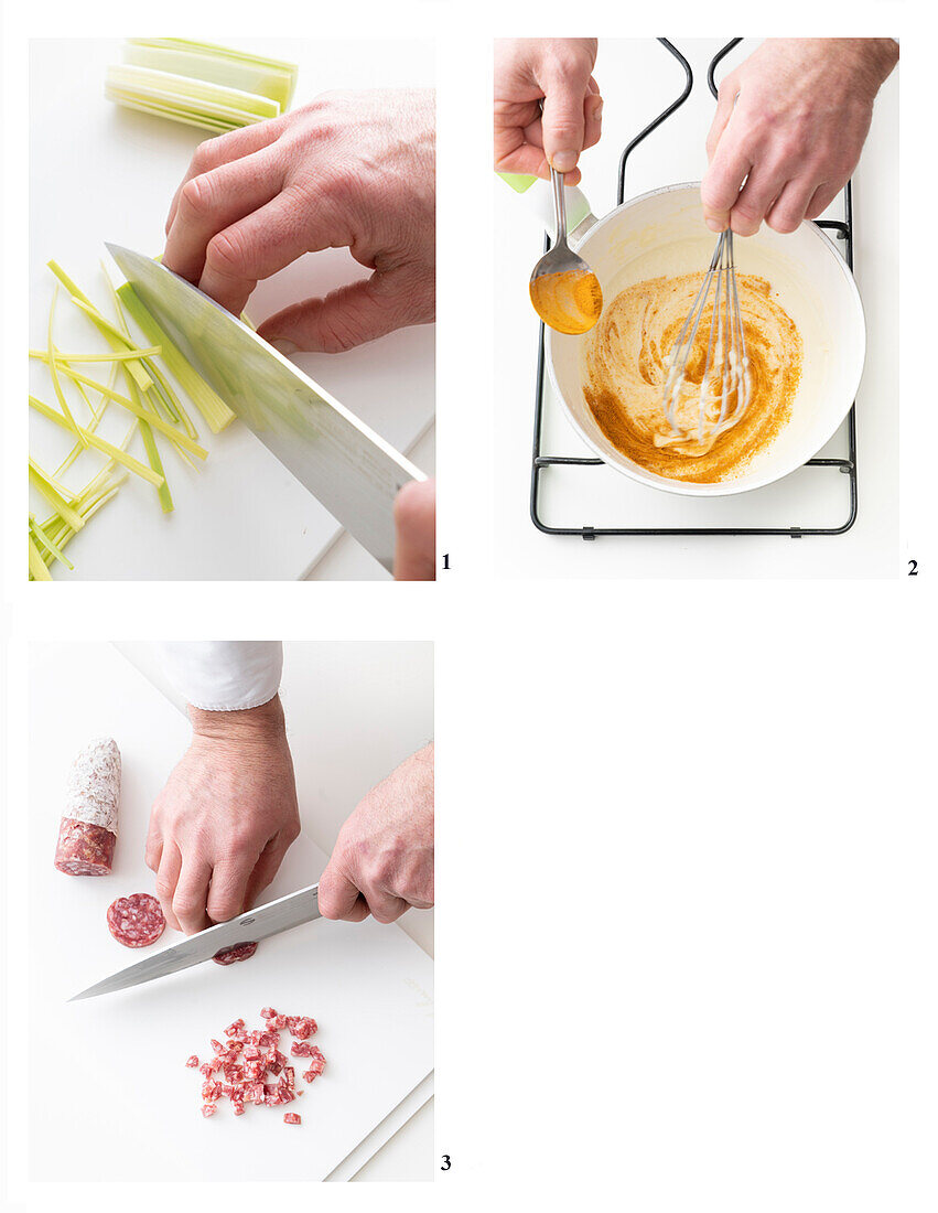 Preparing Rigatoni with salami, saffron, and leeks