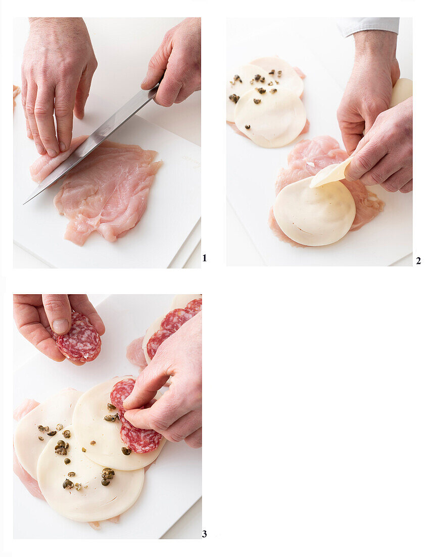 Preparing chicken rolls with salami and Friarelli pepper