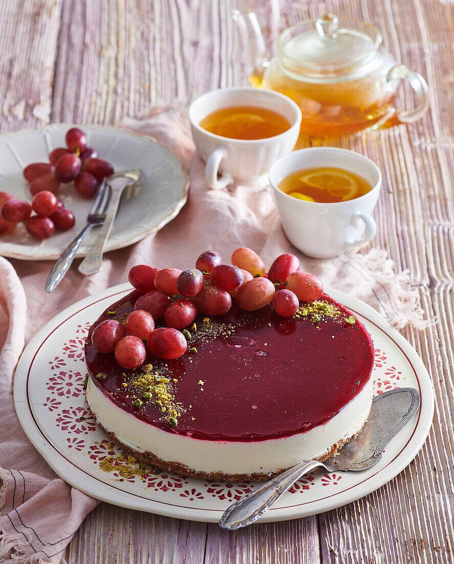 Cheesecake with red grapes