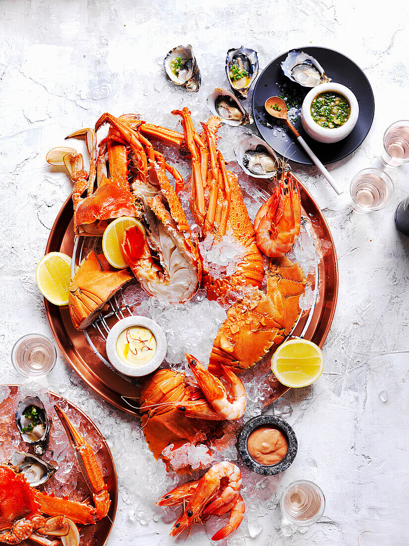 Seafood platter with three sauces