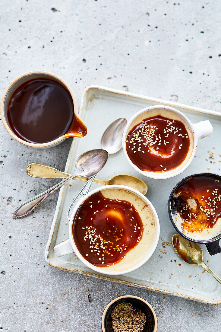 Vegan affogato flan with espresso sauce