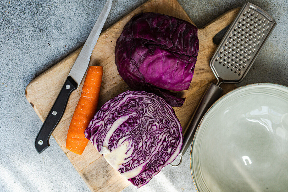 Ingredients for cole slaw with red cabbage and carrot