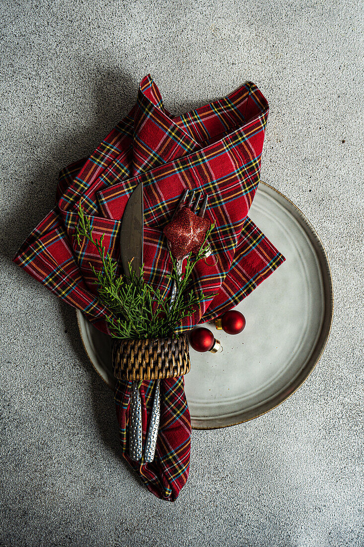 Plaid cloth napkin with Christmas decoration