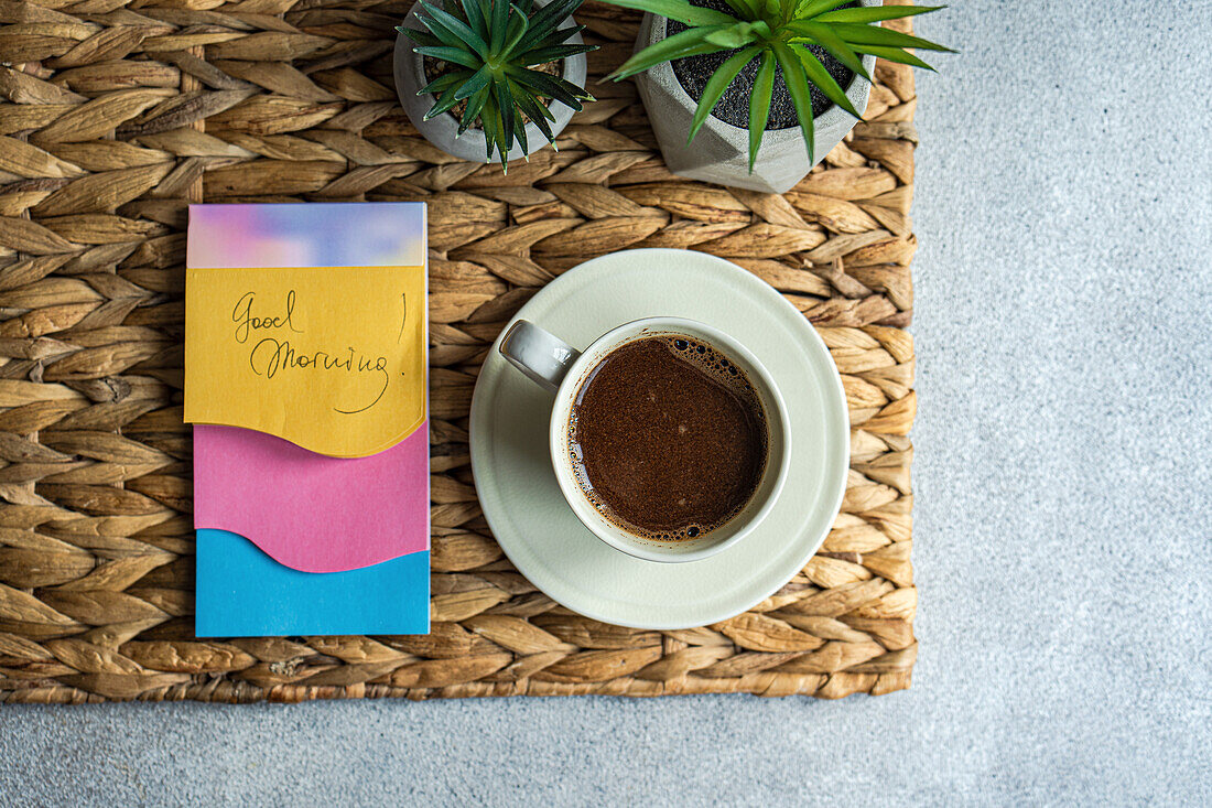 A cup of coffee, good morning greeting and houseplants