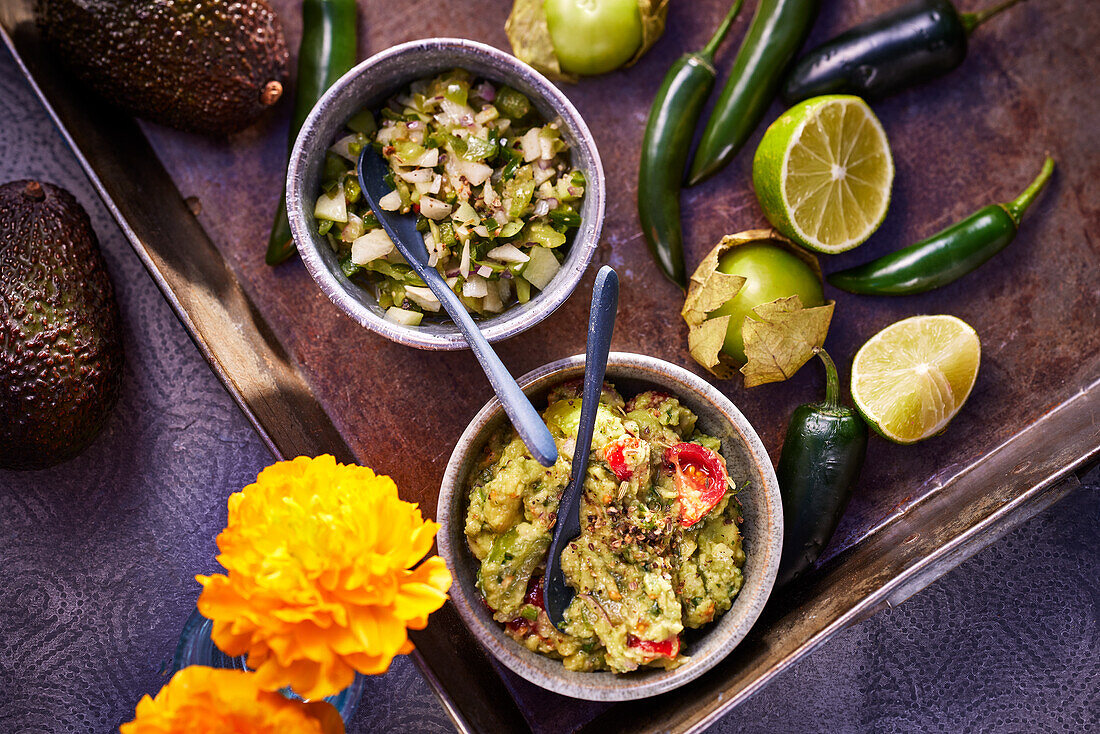 Guacamole and spicy salsa verde