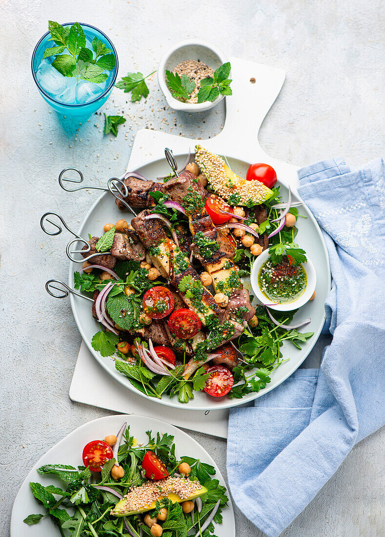 Grilled lamb halloumi skewers