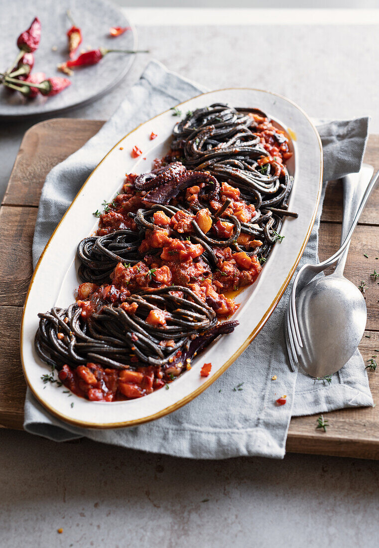 Tintenfisch-Spaghetti mit Oktopus-Ragu und würziger Wurst