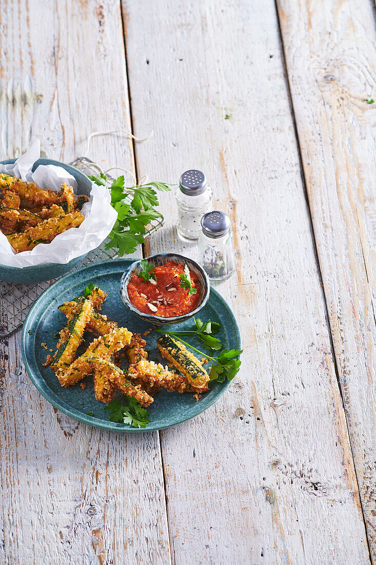 Fried zucchini fries with Romesco dip