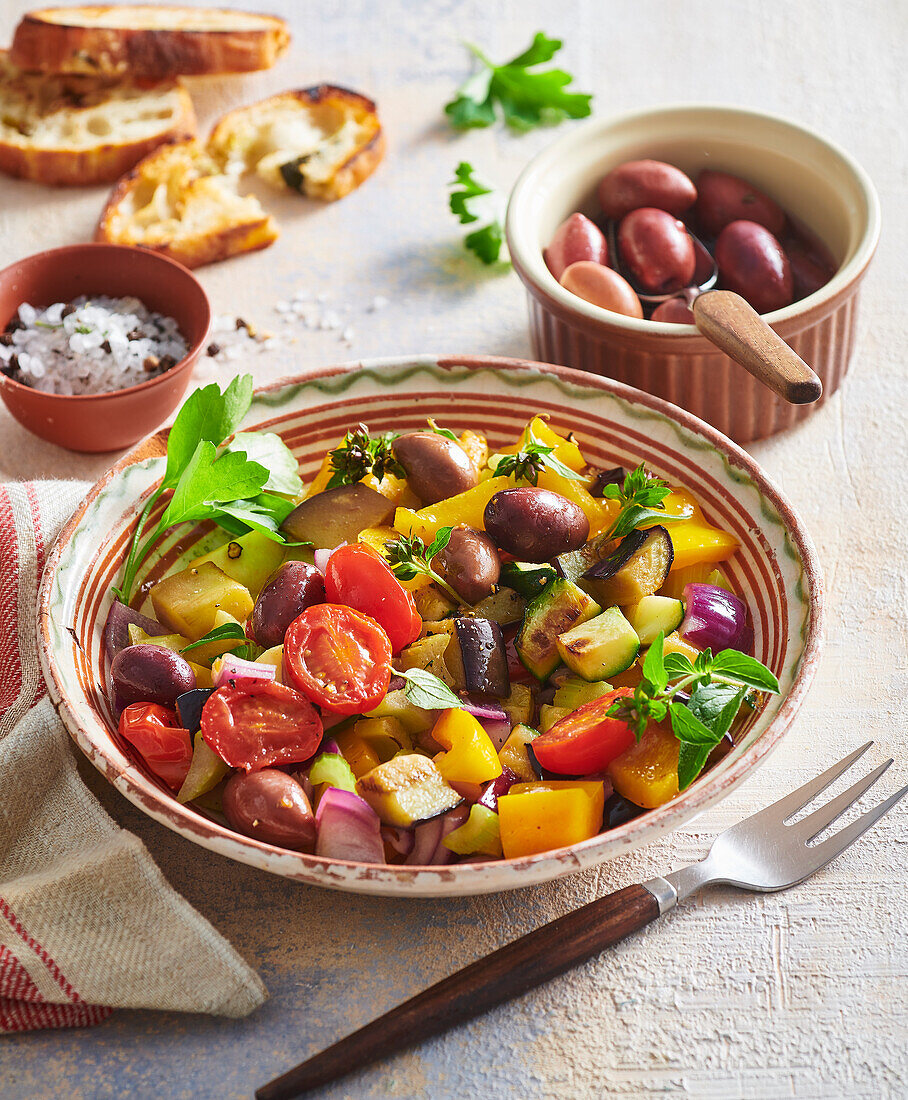 Caponata mit schwarzen Oliven und Ciabatta