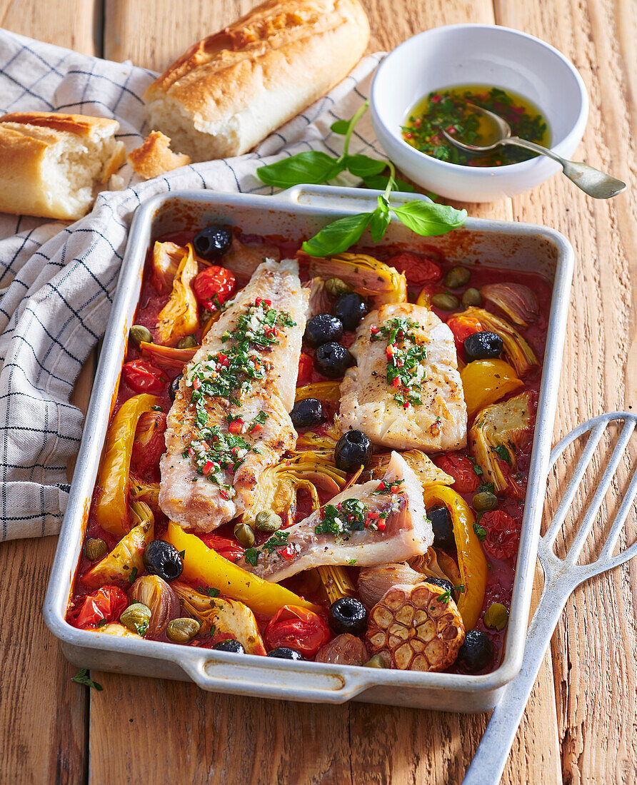 Baked cod with vegetables and gremolata