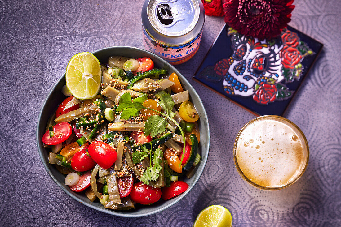 Salad of prickly pear with cherry tomatoes and chili