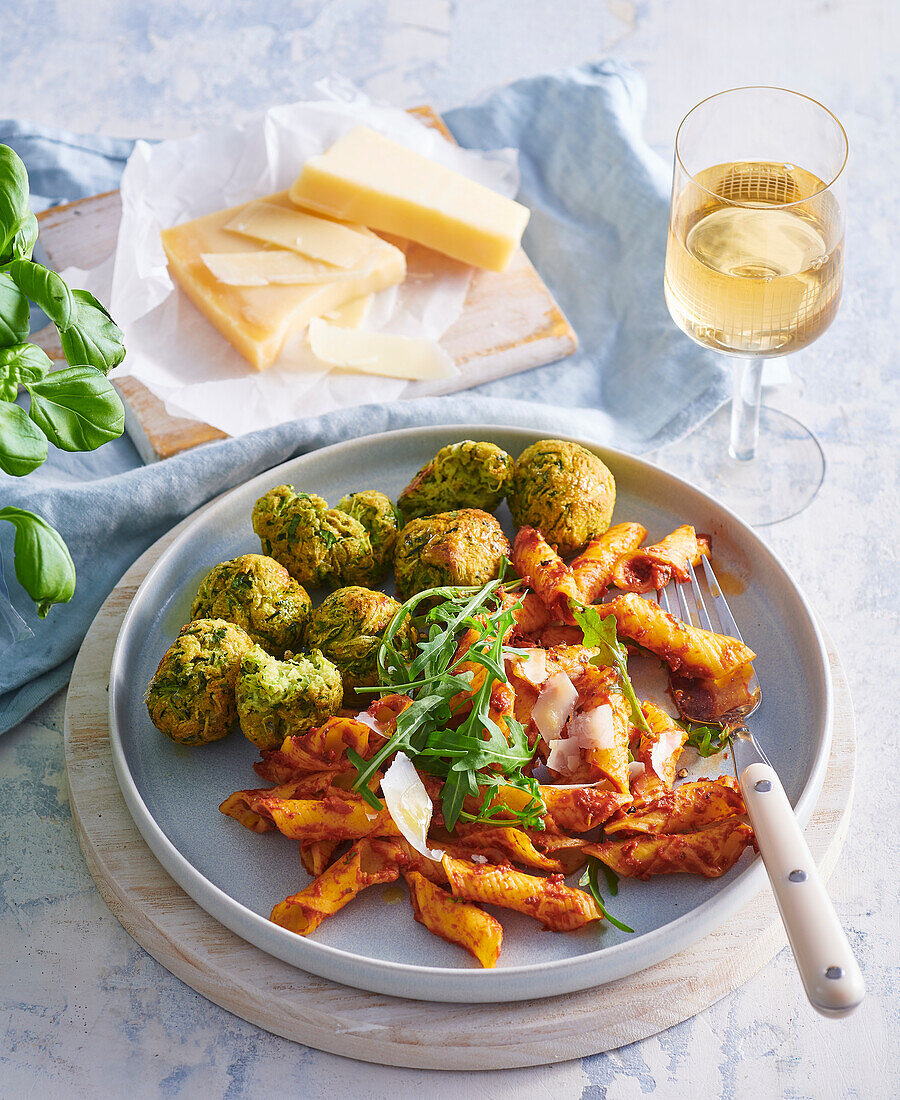 Zucchini balls with tomato pesto pasta