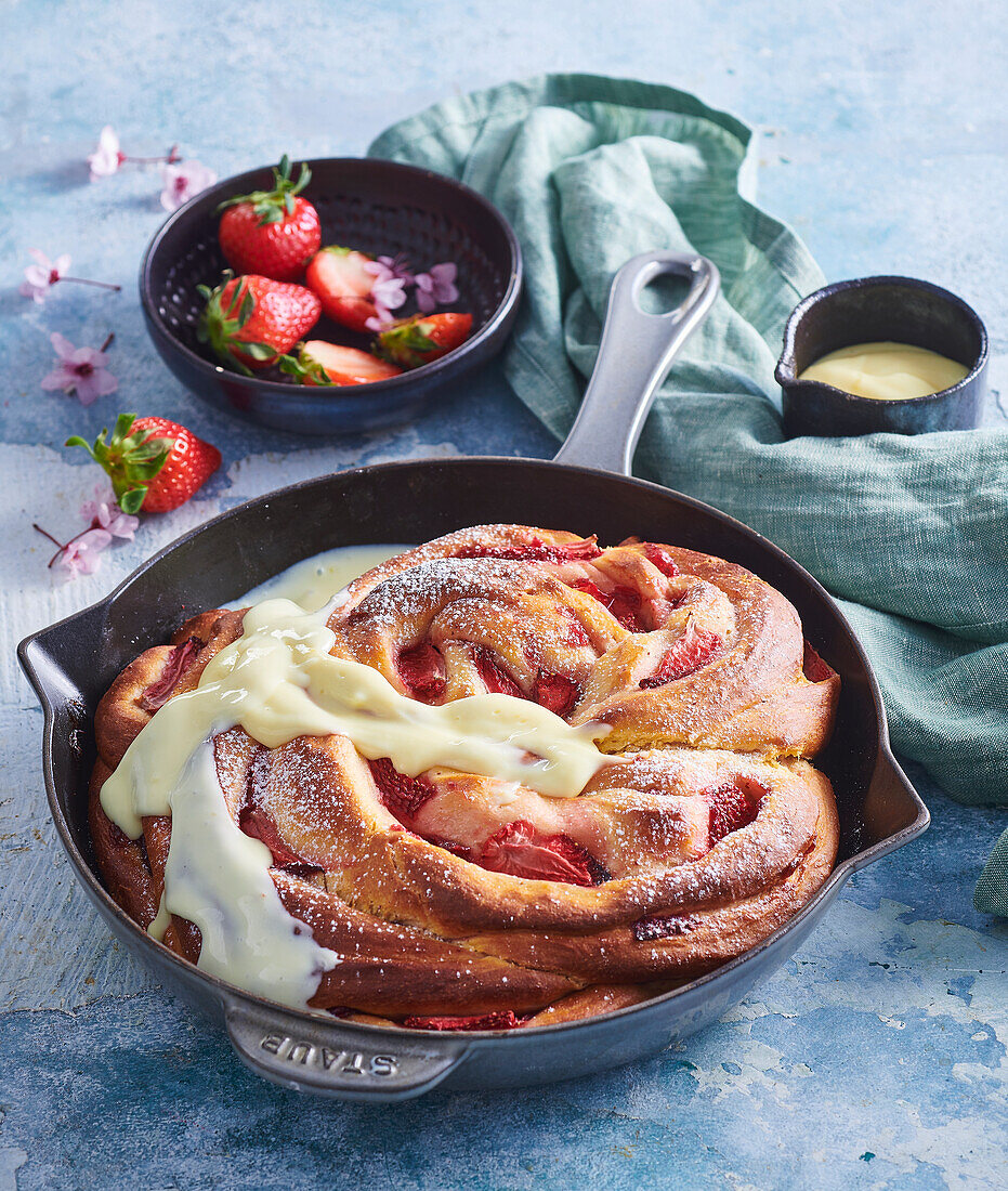 Strawberry yeast strudel bread with custard sauce