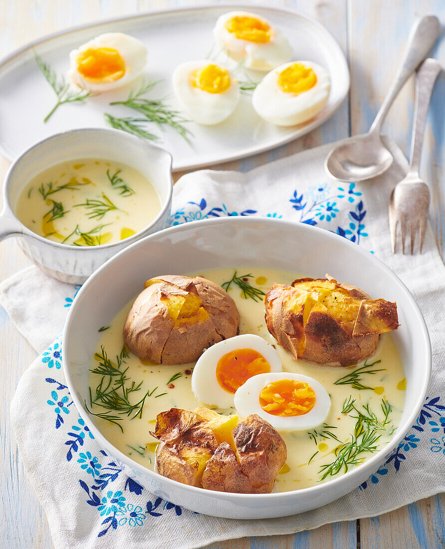 Ofenkartoffeln in Senf-Dill-Sauce mit hartgekochtem Ei