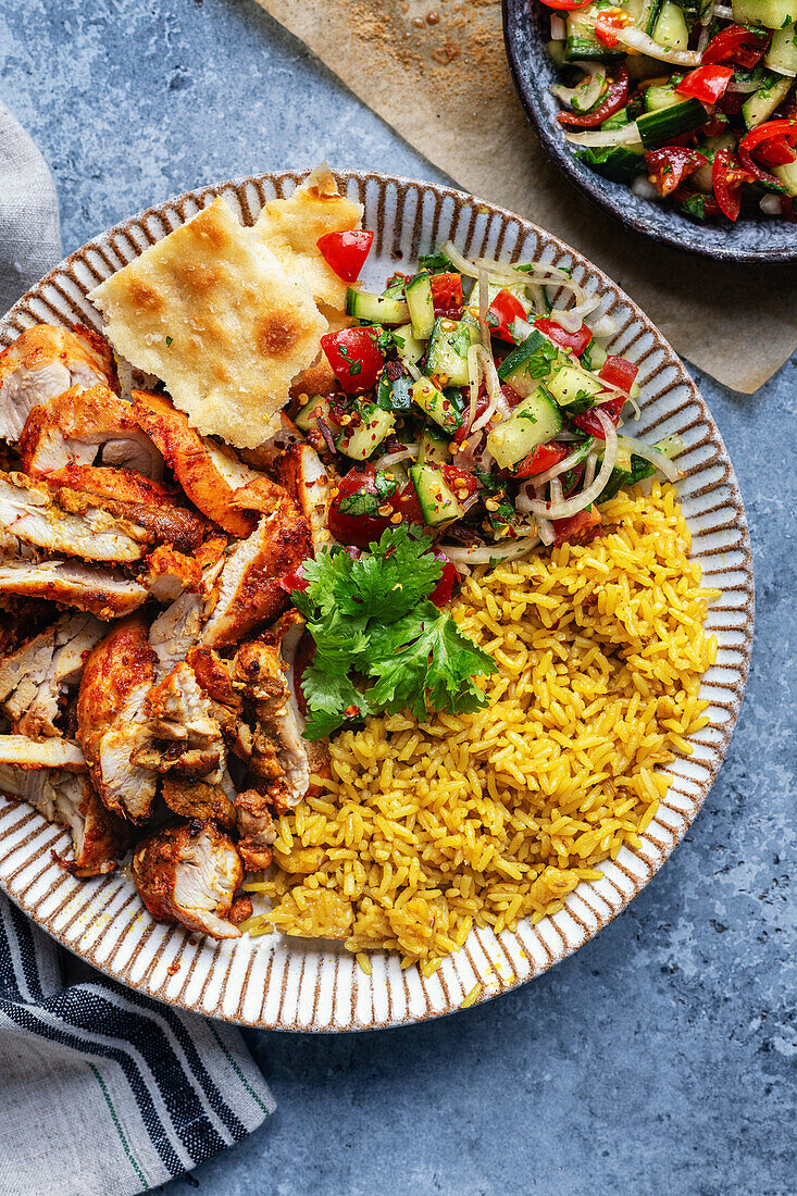 Tandoori chicken with cucumber salad and saffron rice (chicken cooked in hot air fryer)