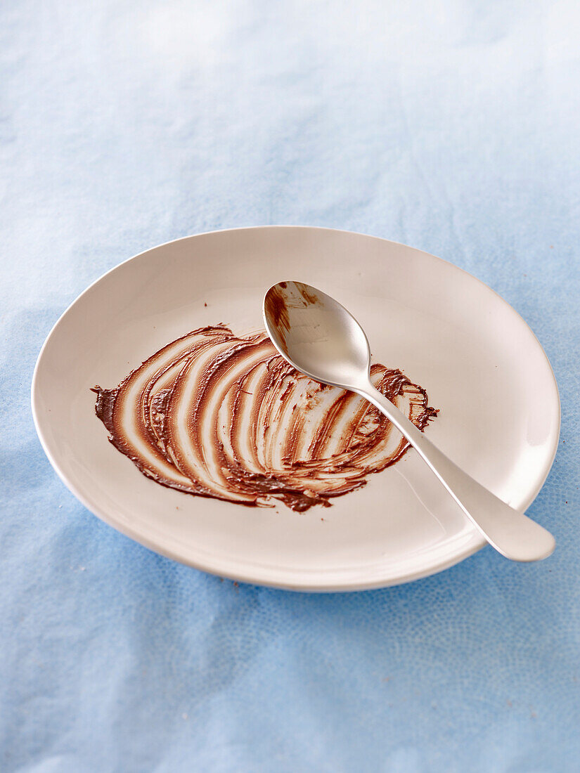 Empty plate chocolate mousse remains