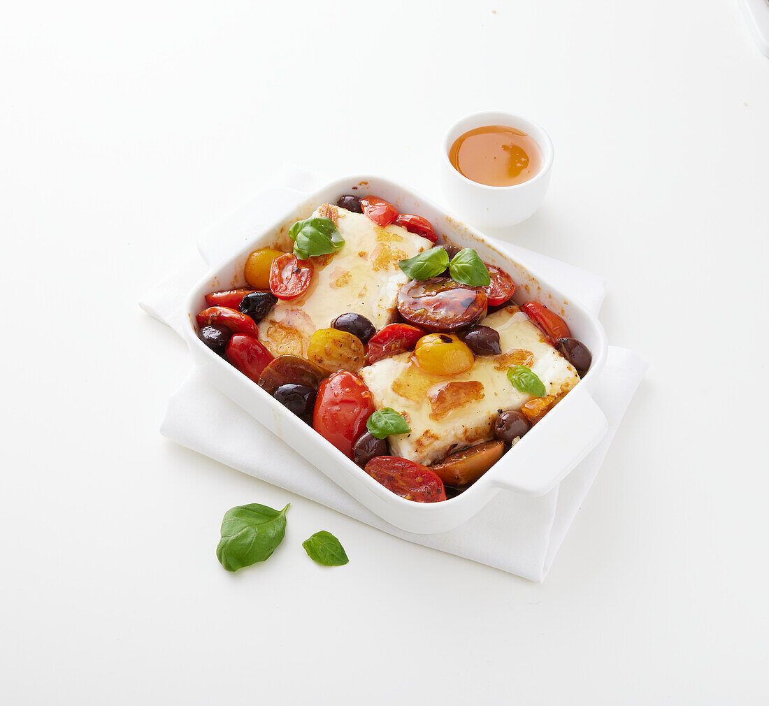 Baked feta with honey and cherry tomatoes