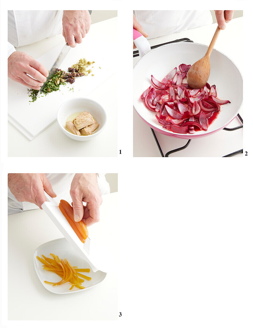 Prepare crostini with tuna and red onions