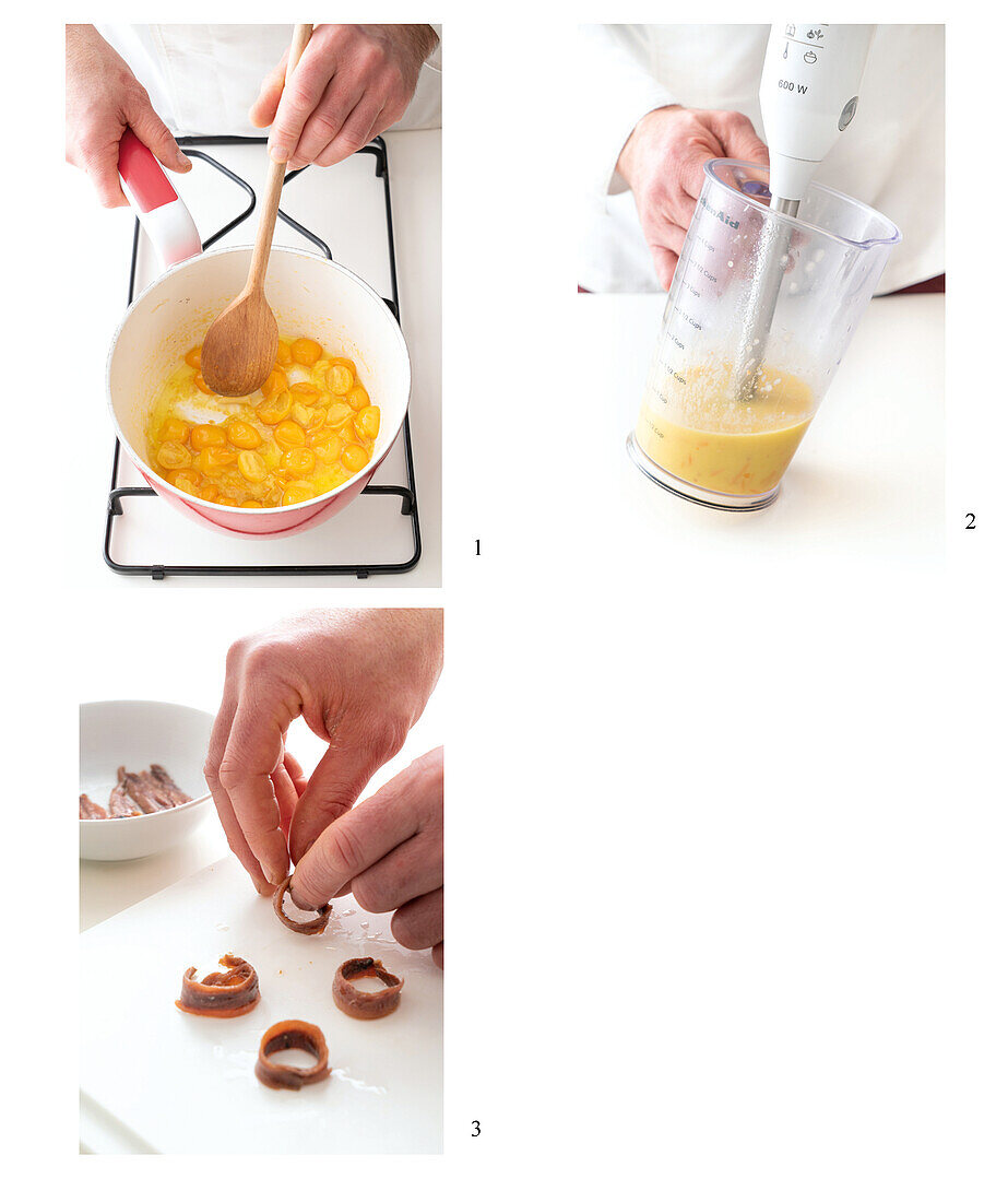 Preparing pasta with yellow tomatoes, edible flowers, and anchovies