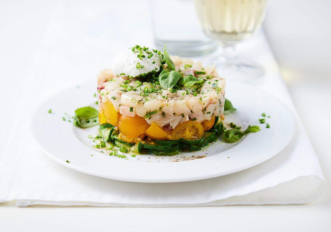 Swordfish tartar with zucchini and stracciatella di bufala