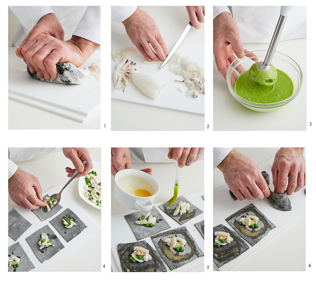 Preparing black squid ink tortellini in pea sauce