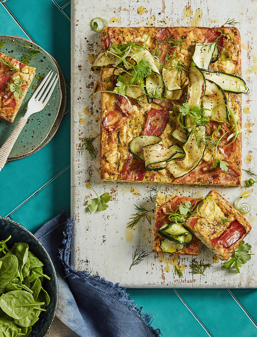 Bacon, feta, herb and zucchini slice