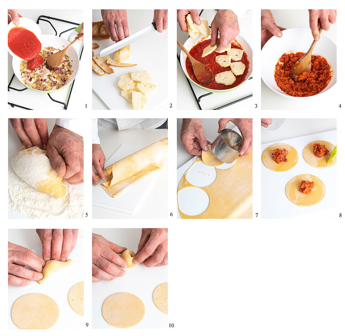 Preparing ravioli stuffed with tomato pappa